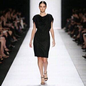 SALVATORE FERRAGAMO Italy Black Virgin Wool Draped Sheath Dress 10 MSRP $2100